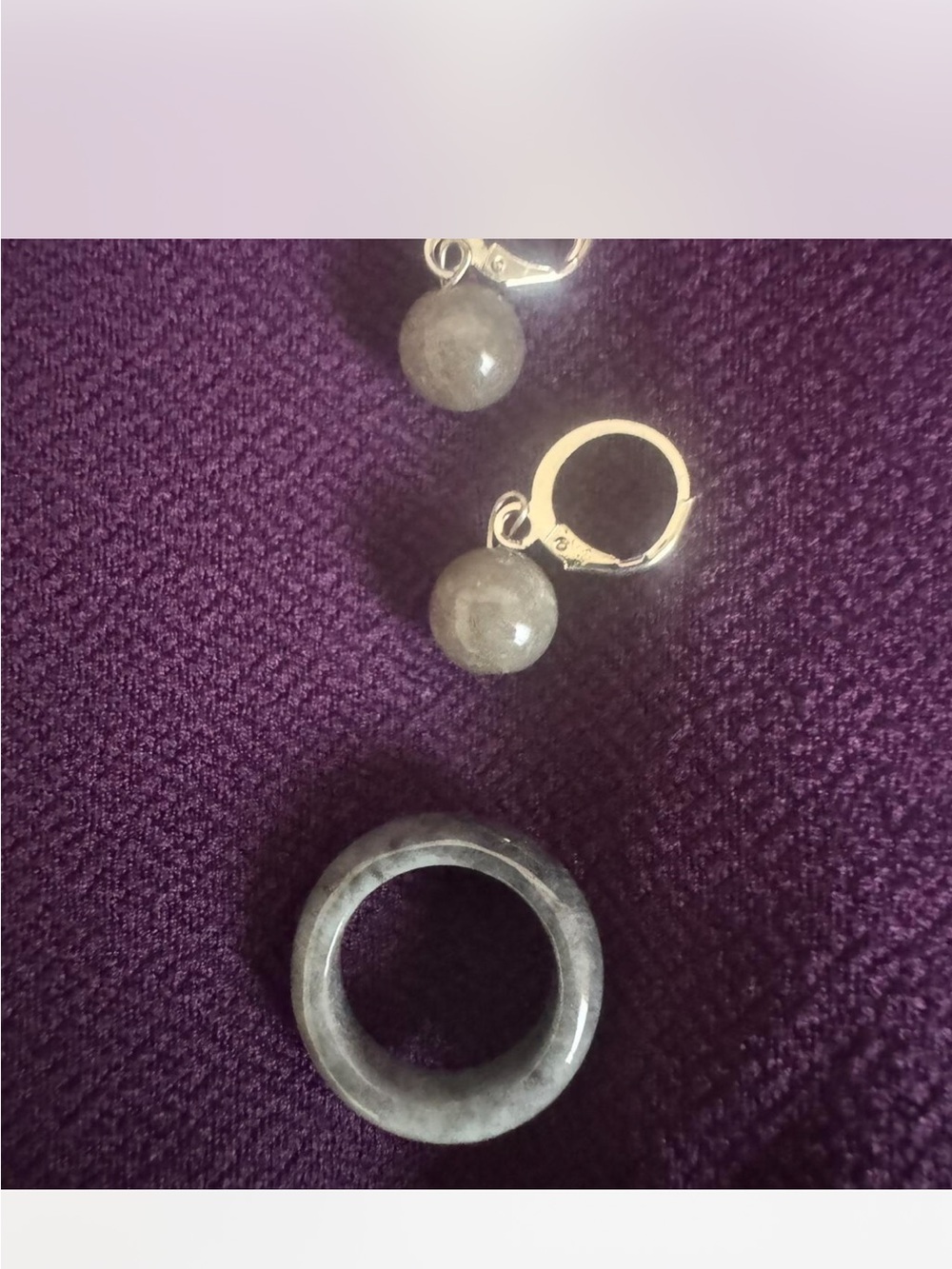 Gray Jade Hoop Ring size 6 and Earrings Set - Women Jewelry